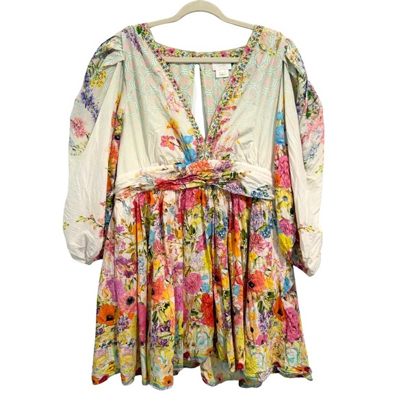 Camilla Flared Mini Dress Sunlight Symphony Bouson Sleeved Cotton Silk Blend XXL - Picture 1 of 16